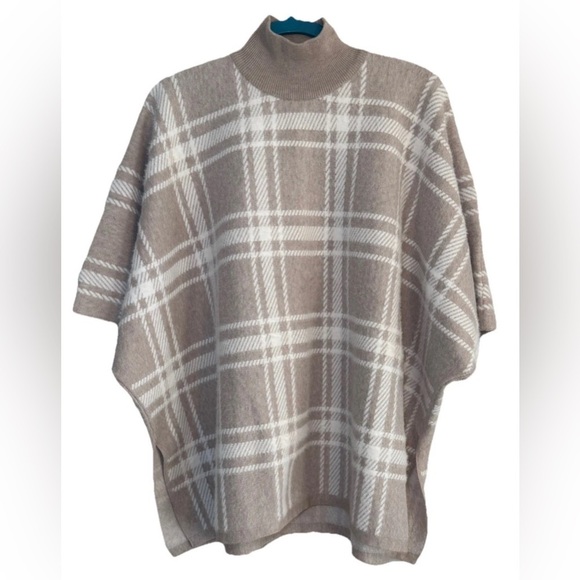 Rachel Zoe Sweaters - Rachel Zoe Tan White Plaid Heavy Turtleneck Sweater Poncho One Size Super Soft